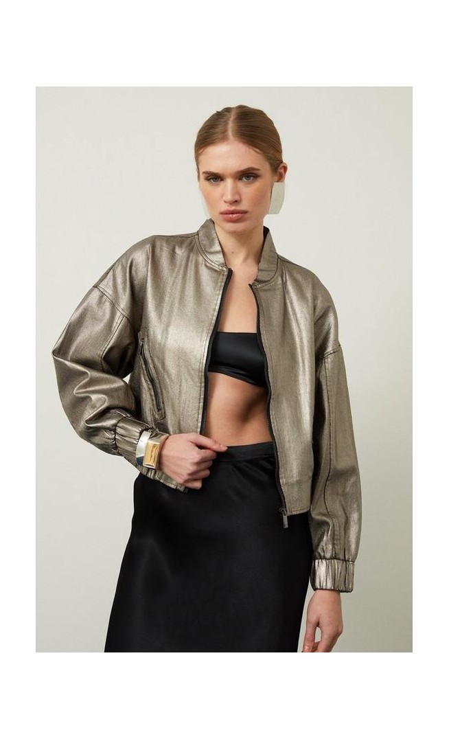 Metallic Denim Woven Bomber Jacket