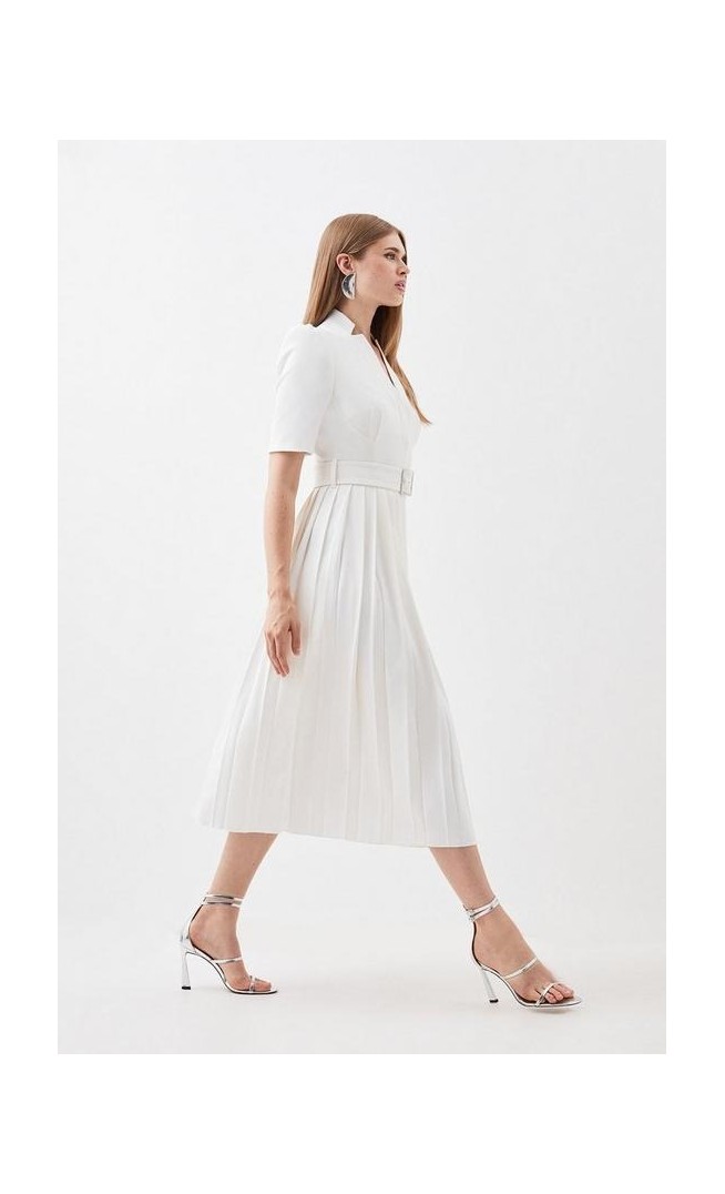 Petite Tailored Structured Crepe Forever Pleat Midi Dress