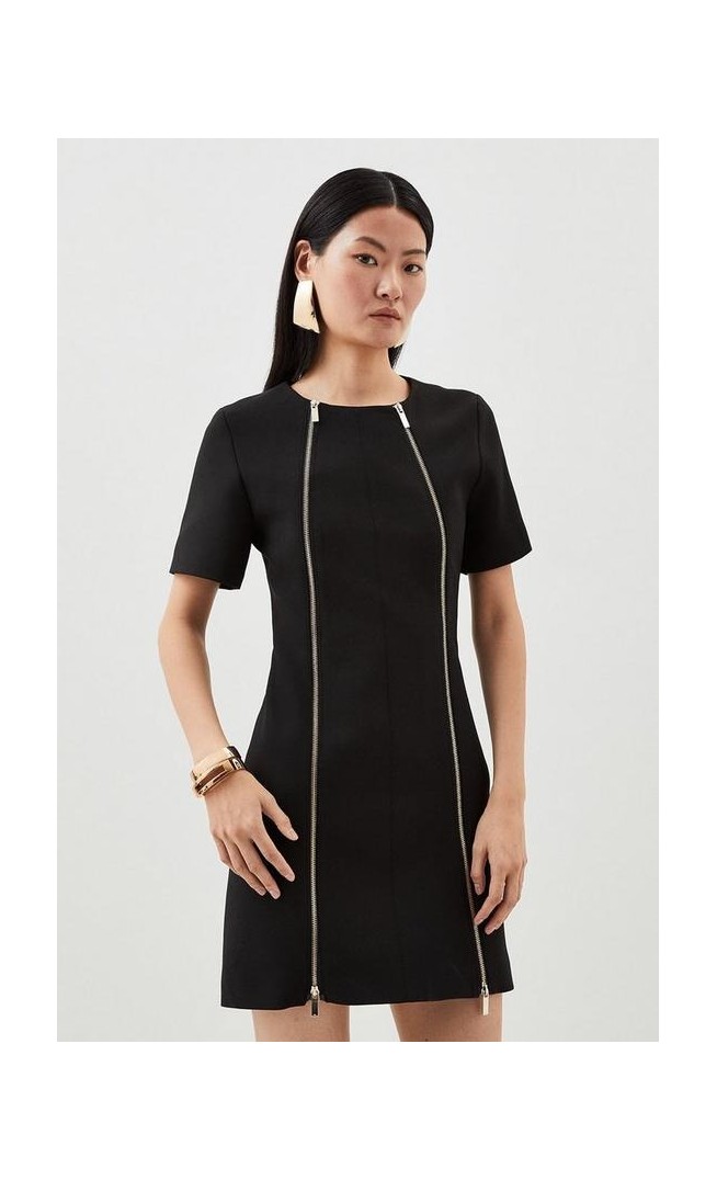 Compact Stretch Zip Detail Tailored Mini Dress