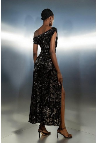 Velvet Sequin Woven One Shoulder Maxi Dress