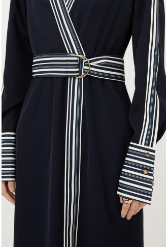 Collared Contrast Twill Woven Belted Midaxi Dress