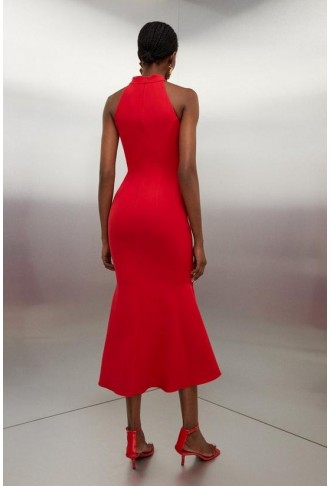 Tailored Compact Stretch Waterfall Hem High Neck Midi Dress