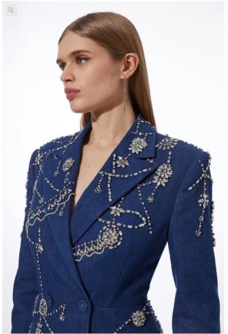 Premium Crystal Embellished Denim Blazer Dress