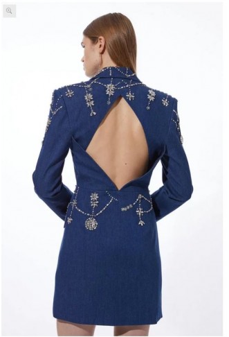 Premium Crystal Embellished Denim Blazer Dress