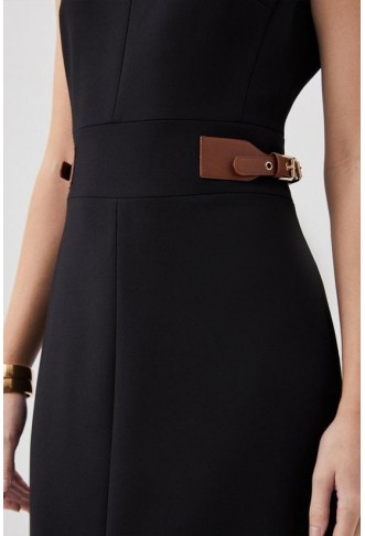 Compact Stretch Tailored Tab Detail Cap Sleeve Midi Dress