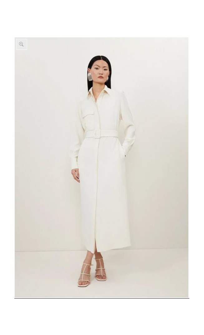 Tailored Crepe Pocket Detail Belted Midi Shirt Dress