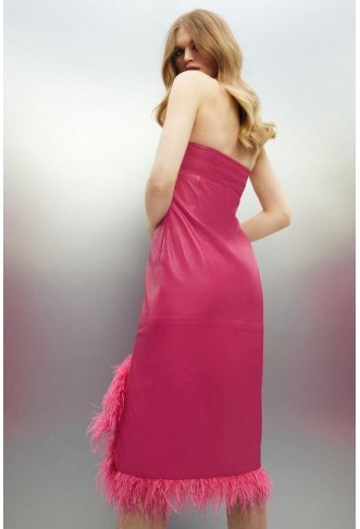 Leather Feather Detail Bandeau Pencil Midi Dress