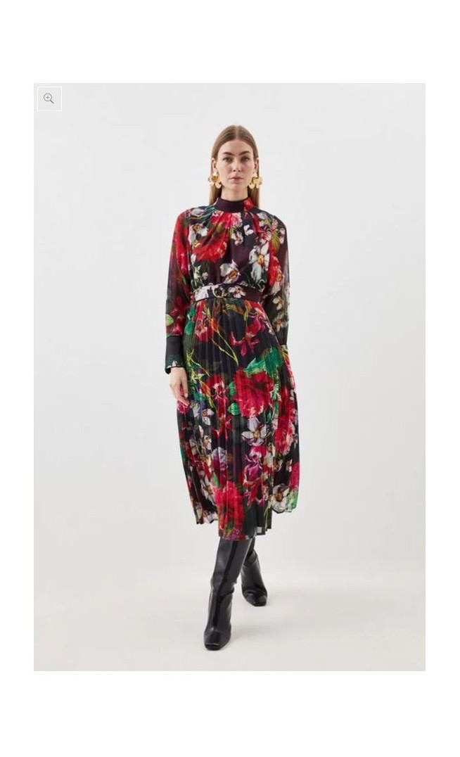 Garden Floral Printed Georgette Pleated Woven Midi Dress