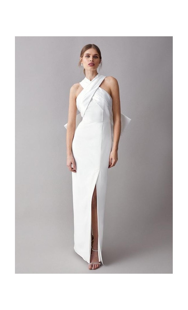 Ivory Cross Over Front Bow Back Bridal Maxi Dress