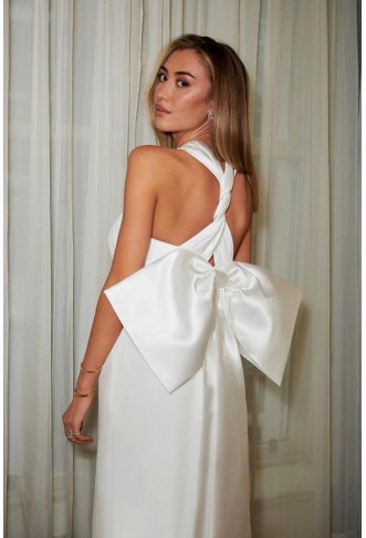 Ivory Cross Over Front Bow Back Bridal Maxi Dress
