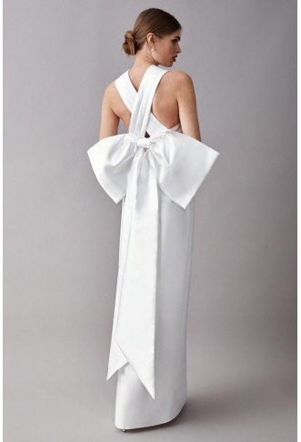 Ivory Cross Over Front Bow Back Bridal Maxi Dress