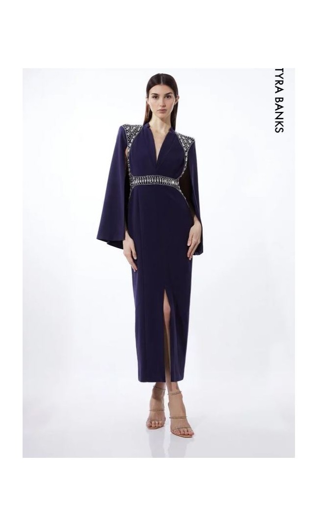 Embellished Caddy Plunge Cape Sleeve Woven Midi Dress