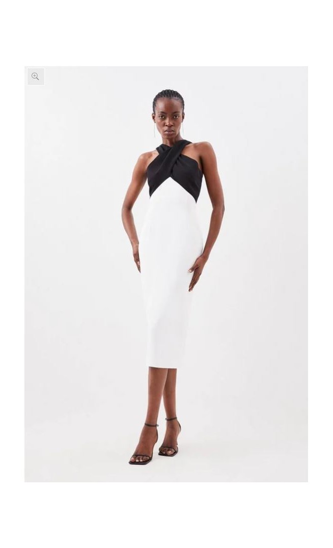 Tailored Italian Structured Rib Cross Neck Midi Dress