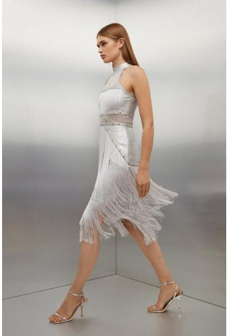 Foiled Figure Form Bandage Fringe Halter Knit Midi Dress