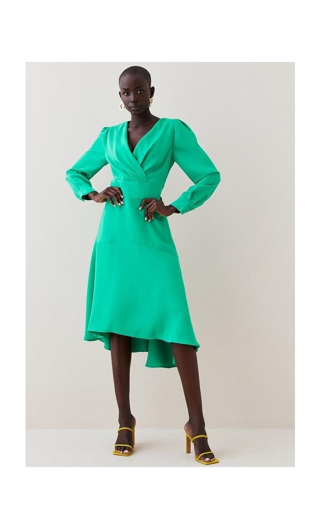 Soft Tailored Wrap Sleeved High Low Midi Dress