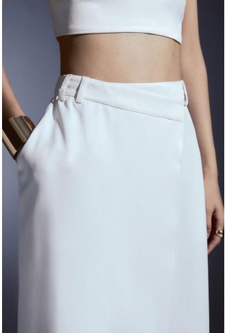 Tailored Satin Back Crepe Asymmetric Waist Wrap Detail Midi Skirt