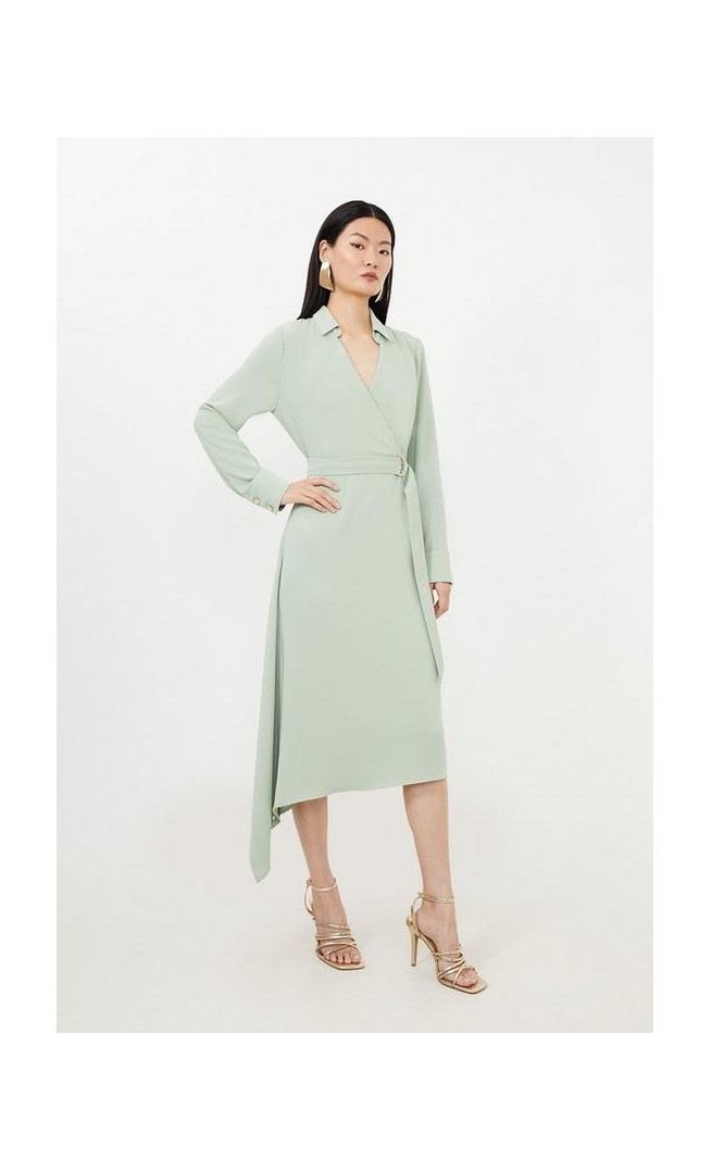 Soft Tailored Belted Draped Wrap Midi Dress