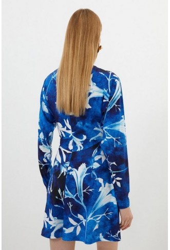 Pressed Floral Print Jersey Crepe Batwing Sleeve Mini Dress