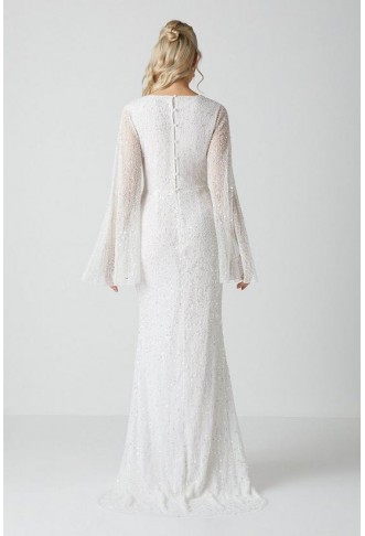 V Neck All Over Embellished Flare Sleeve Wedding Dress