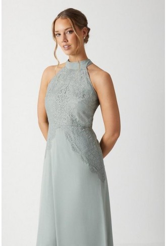 Halterneck Lace Insert Chiffon Bridesmaids Maxi Dress