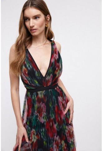 Blurred Floral Tipped Pleated Mesh Midi Dress