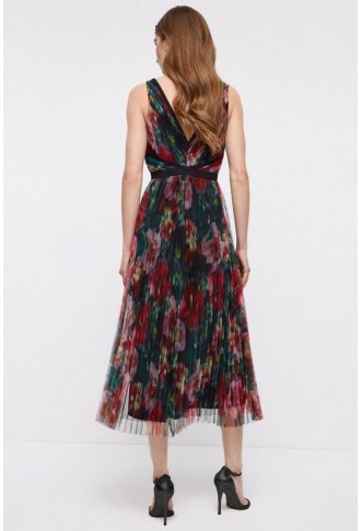 Blurred Floral Tipped Pleated Mesh Midi Dress