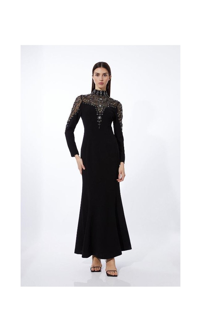 Black Premium Crystal Embellished Woven Maxi Dress