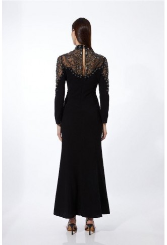 Black Premium Crystal Embellished Woven Maxi Dress