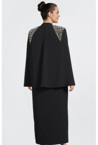 Black Plus Size Embellished Caddy Plunge Cape Sleeve Woven Midi Dress