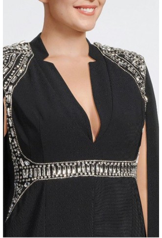 Black Plus Size Embellished Caddy Plunge Cape Sleeve Woven Midi Dress