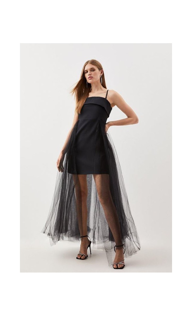 Black Tailored Stretch Crepe Tulle Midi Dress
