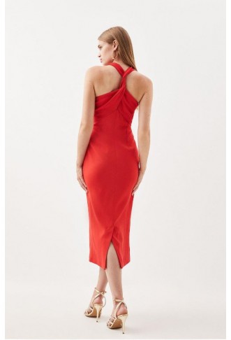 Red Tailored Italian Structured Rib Cross Neck Midi Dress