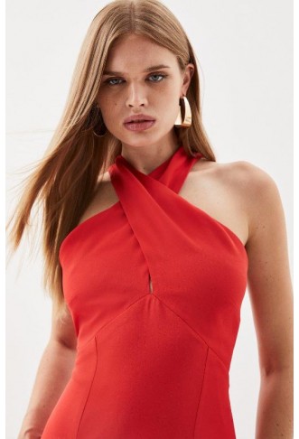 Red Tailored Italian Structured Rib Cross Neck Midi Dress