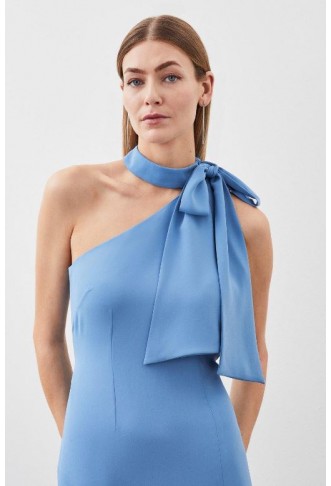 Mid blue Soft Tailored Tie Neck Midi Dress
