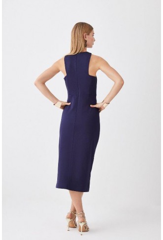 Navy Italian Structured Stretch Asymmetric Neck Line Midi Dress