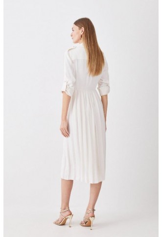 Ivory Soft Tailored Lace Up Pleated Shirt Dress