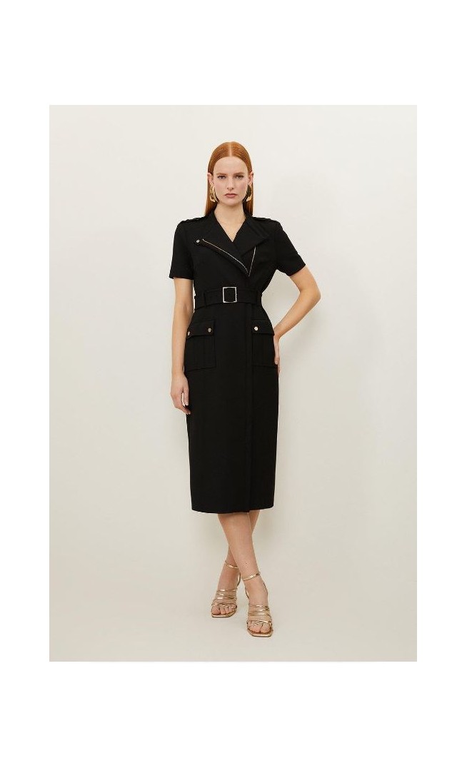 Black Compact Stretch Wrap Belted Tailored Midi Dress