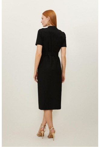 Black Compact Stretch Wrap Belted Tailored Midi Dress