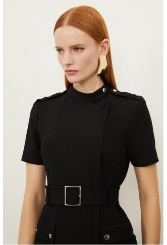 Black Compact Stretch Wrap Belted Tailored Midi Dress