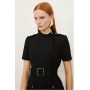 Black Compact Stretch Wrap Belted Tailored Midi Dress