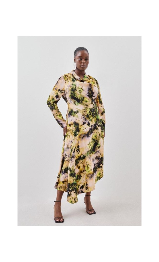 Multi Plus Size Abstract Print Satin Asymmetric Woven Maxi Dress