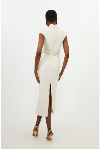 Cream Ponte Belted Jersey Midi Dress