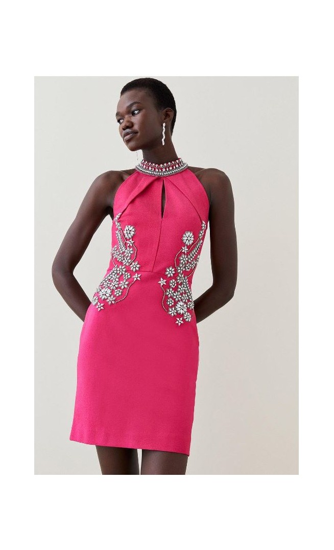 Pink Ponte Embellished Key Hole  Mini Dress