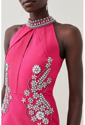 Pink Ponte Embellished Key Hole  Mini Dress