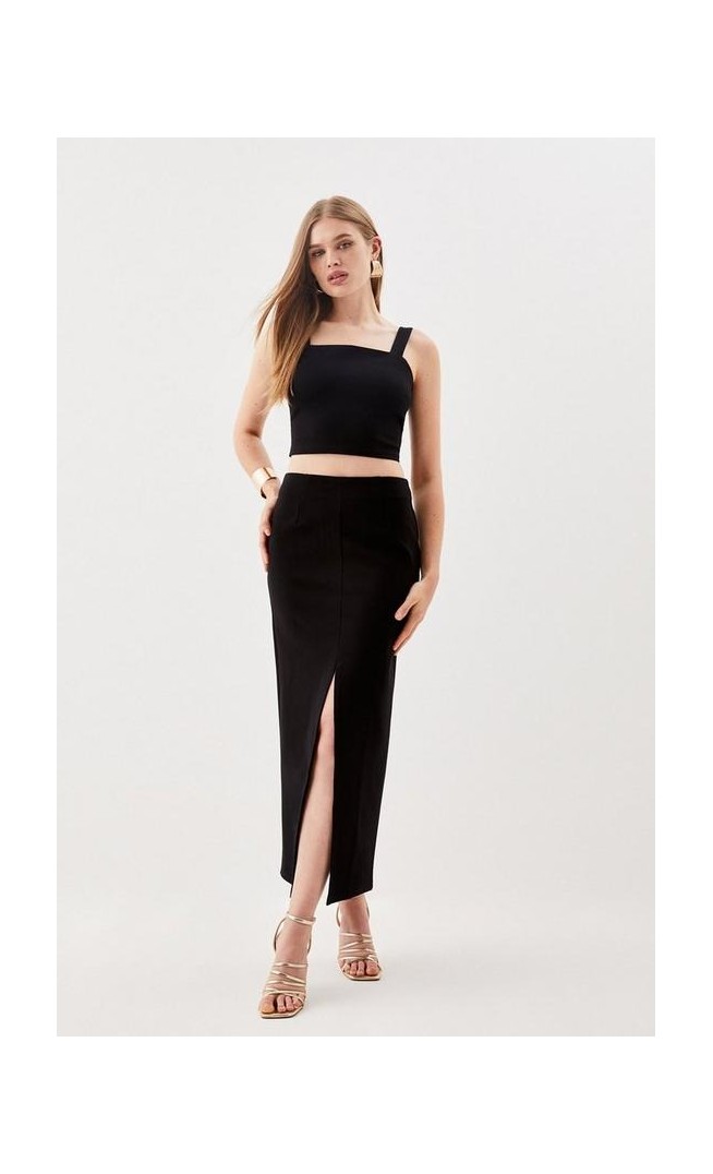 Petite Ponte Strappy Crop Top Split Front Skirt Jersey Set
