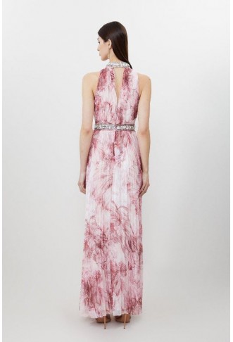 Abstract Floral Crystal Embellished Woven Split Maxi Dress