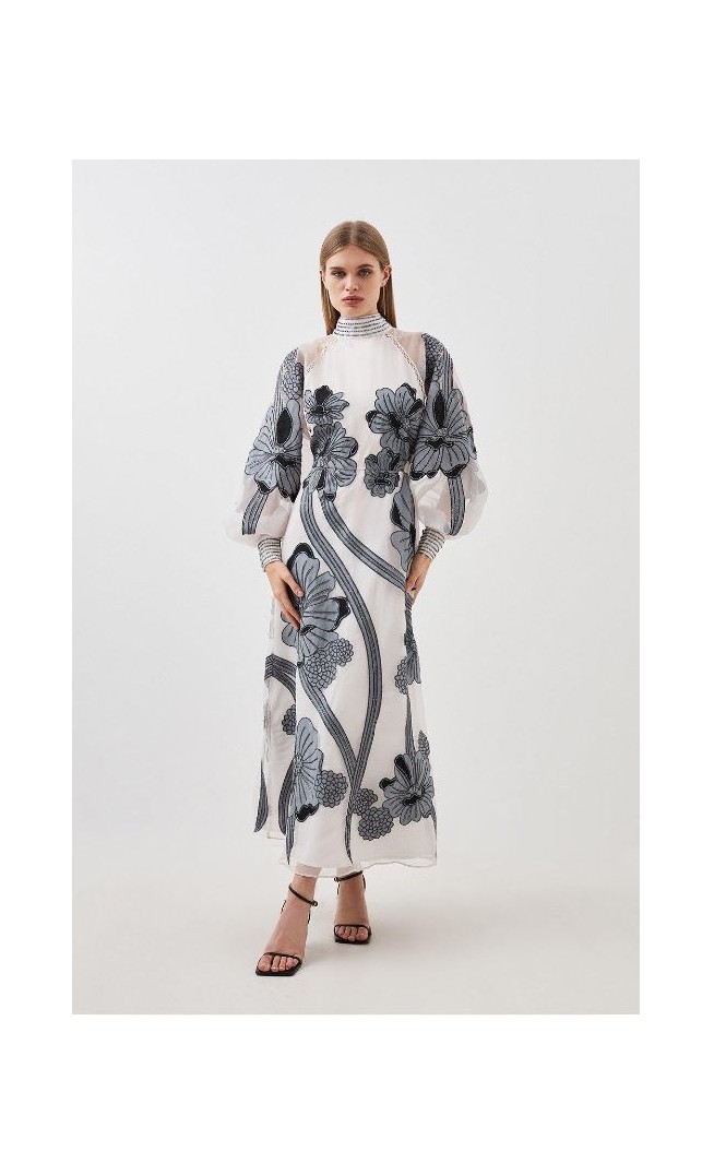 Petite Applique Organdie Floral Graphic Woven Maxi Dress