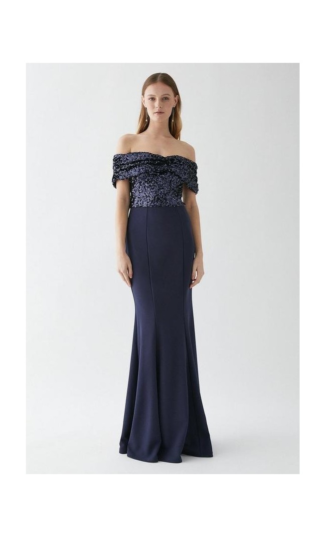 Sequin Top Stretch Crepe Bodycon Bridesmaid Maxi Dress