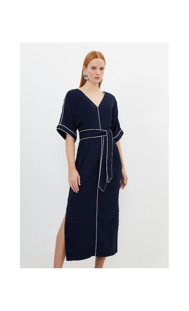 Contrast Piping Satin Back Crepe Woven Midi Dress