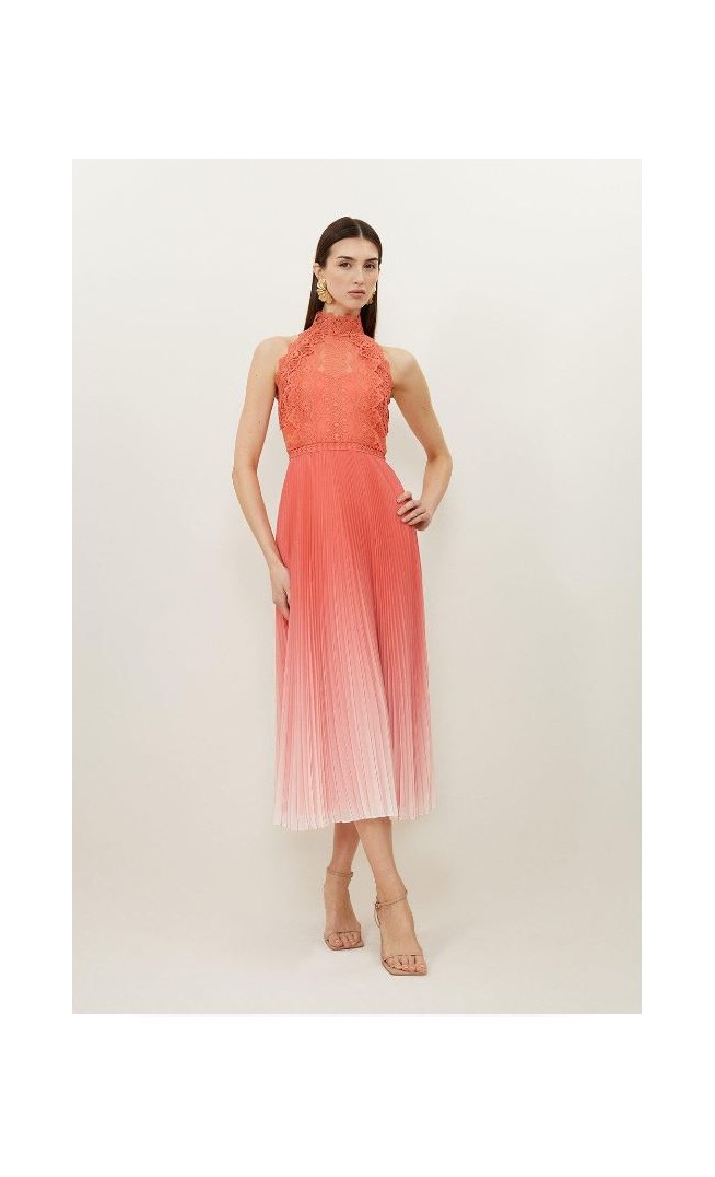 Orange Guipure Lace Ombre Woven Halter Maxi Dress